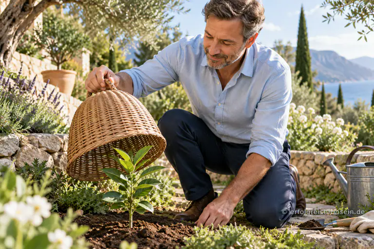 Ein Mann hebt in einem sonnigen Garten eine geflochtene Schutzhaube von einer jungen Pflanze.