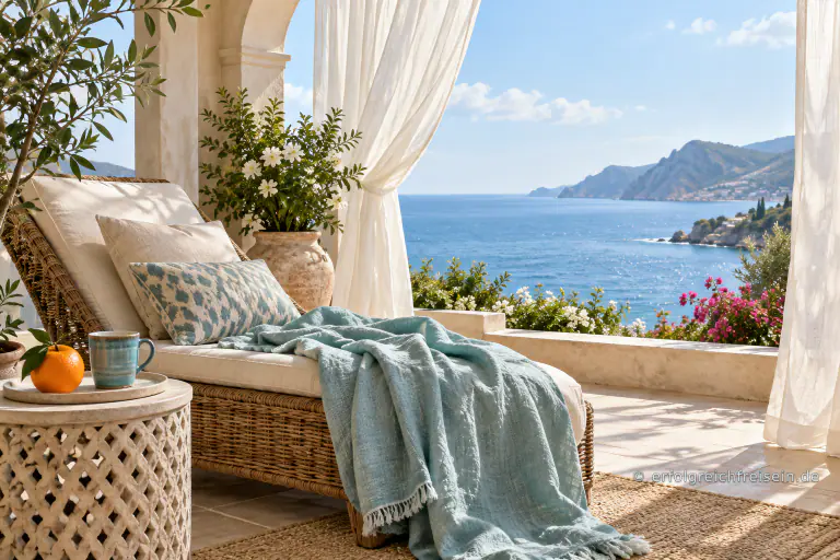 Ein Korbliegestuhl mit türkiser Decke steht auf einer sonnigen Loggia mit Meerblick.