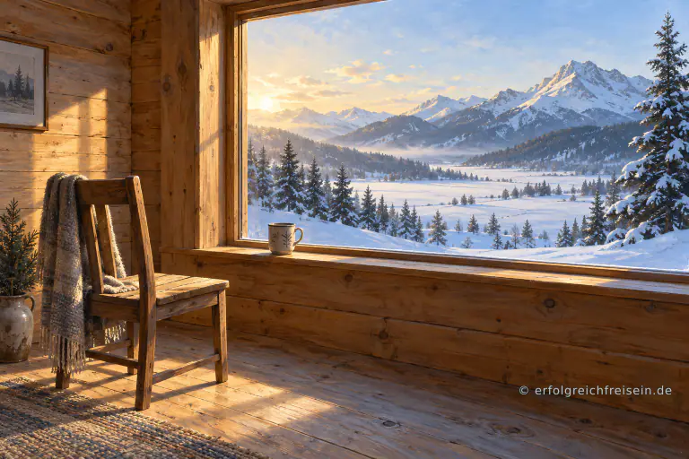 Ein leerer Holzstuhl und eine Tasse stehen am großen Fenster einer Hütte mit Blick über ein stilles verschneites Tal.