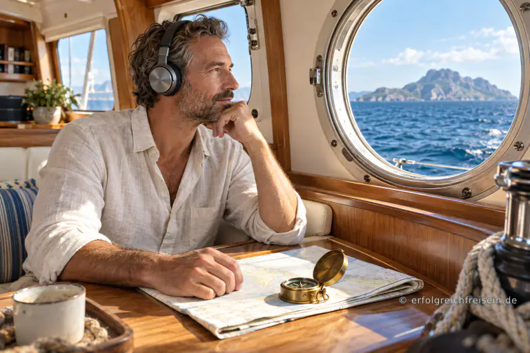 Ein Mann mit Kopfhörern sitzt in einer hellen Segelbootkabine an einer Seekarte und blickt durch ein rundes Fenster zu einer Insel.