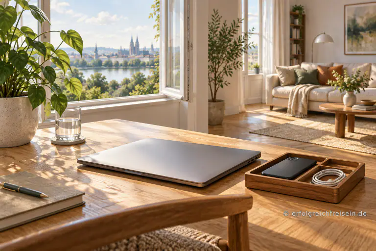 Auf einem sonnigen Schreibtisch liegen ein geschlossener Laptop und ein umgedrehtes Smartphone ordentlich neben einem Glas Wasser.