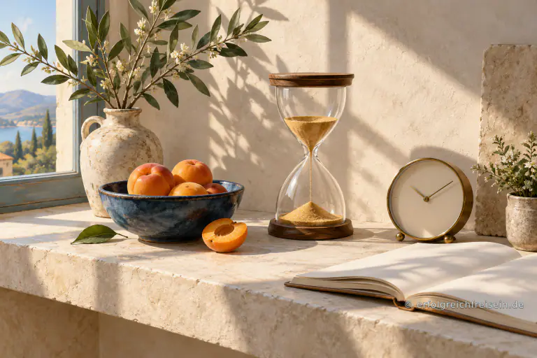Eine Sanduhr, eine schlichte Uhr, Aprikosen und ein aufgeschlagenes Buch liegen im warmen Sonnenlicht auf einem hellen Steinsims.