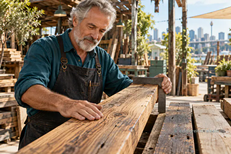 Ein älterer Handwerker prüft mit der Hand und einem Winkel die Oberfläche eines wiederverwendeten Holzbretts.