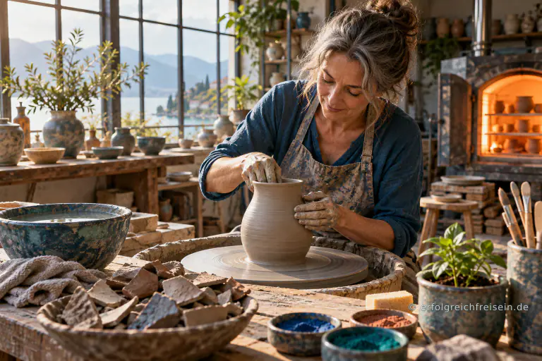 Eine grauhaarige Keramikerin formt in einem hellen Atelier ein neues Gefäß aus Ton; Scherben, Wasser und Pigmente liegen vor ihr.