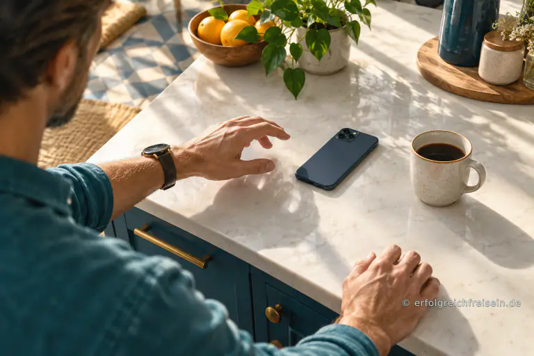 Die Hand eines Mannes hält inne, bevor sie nach einem umgedrehten Smartphone neben einer Kaffeetasse greift.