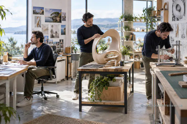 Drei Gestalter zeigen im selben hellen Atelier die Schritte Ideenfindung, Modellbau und präzise Prüfung an benachbarten Arbeitsplätzen.