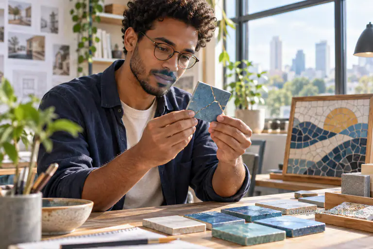Ein Mann mit Brille untersucht eine gesprungene blaue Fliese an einem hellen Arbeitstisch neben einem fertigen Mosaik.
