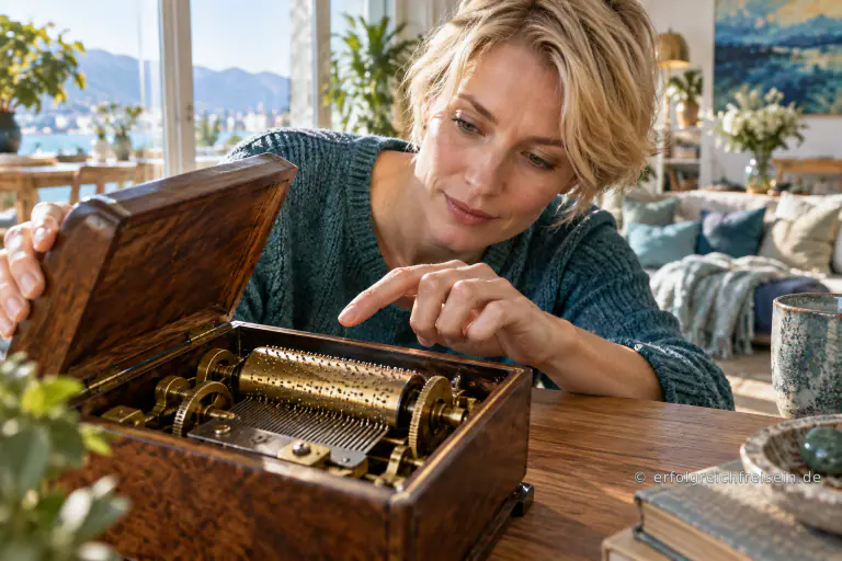 Eine Frau öffnet eine hölzerne Spieluhr und betrachtet aufmerksam die kleinen Zahnräder und den wiederkehrenden Mechanismus.