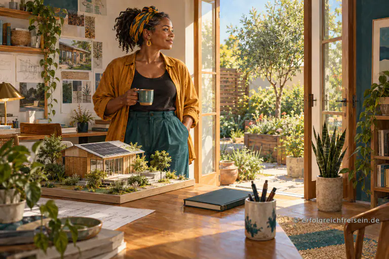 Eine Architektin steht mit einer Tasse neben dem Modell eines nachhaltigen Hauses und blickt aus ihrem hellen Arbeitsraum in den Garten.