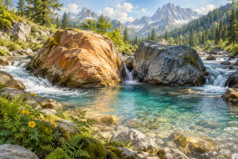 Klares Bergwasser fließt um einen warmen und einen kühlgrauen Felsen in einen gemeinsamen Pool.