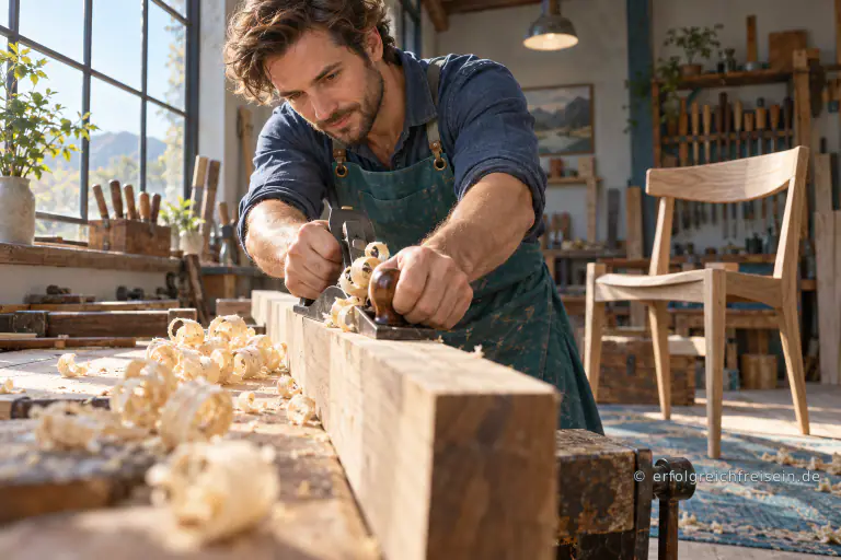 Ein Handwerker hobelt konzentriert einen eingespannten Holzbalken; frische Holzspäne liegen auf der Werkbank.