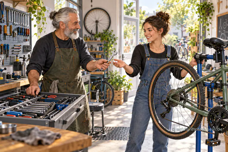 Ein erfahrener Fahrradmechaniker reicht einer jungen Frau einen Schraubenschlüssel aus einem geordneten Werkzeugschubfach.