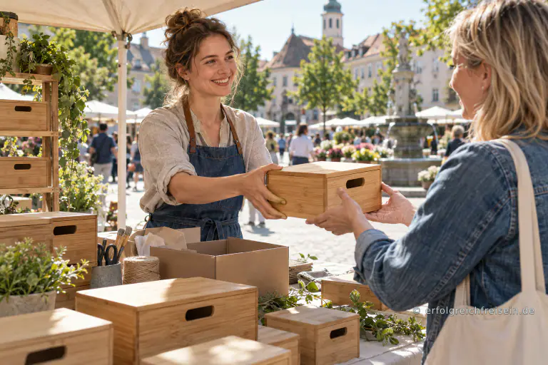 Eine junge Unternehmerin übergibt einer Kundin an einem sonnigen Marktstand eine selbst gestaltete Holzkiste.