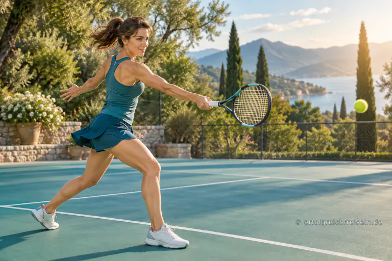 Eine Frau spielt auf einem sonnigen Tennisplatz einen konzentrierten Vorhandschlag.