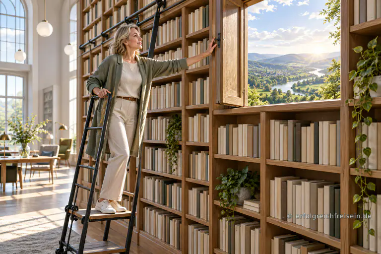 Eine Frau steht auf einer Bibliotheksleiter und öffnet ein hohes Fenster mit Blick über ein sonniges Tal.
