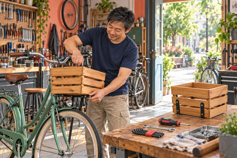 Ein Mann befestigt in einer sonnigen Fahrradwerkstatt einen Holzkasten am vorderen Gepäckträger eines grünen Fahrrads.