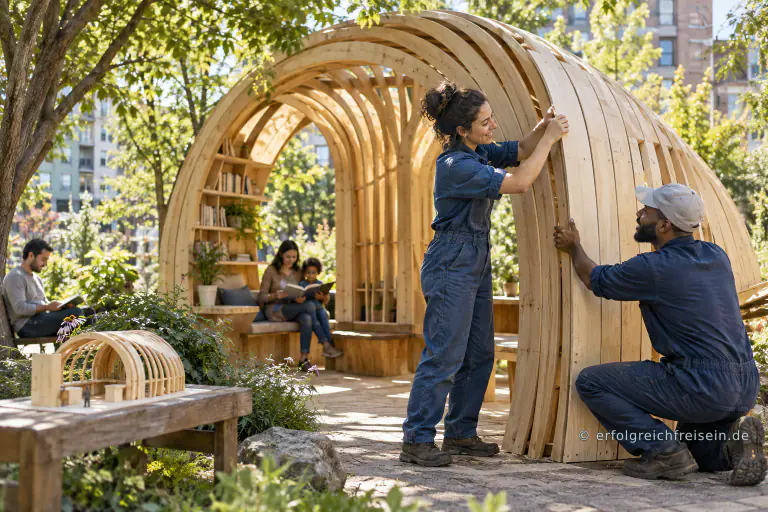 Zwei Menschen montieren in einem grünen Stadtpark die geschwungene Holzverkleidung eines kleinen Lesepavillons; das passende Modell steht auf einer Bank.