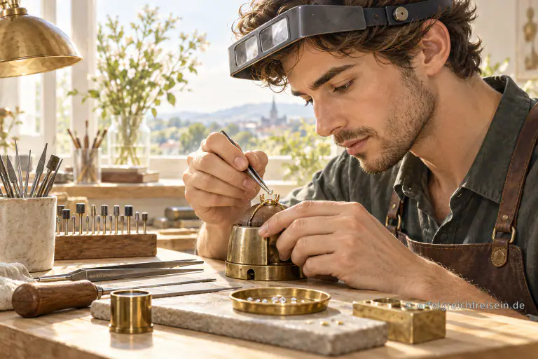 Ein junger Goldschmied setzt mit einer Pinzette konzentriert einen kleinen Stein in eine goldene Fassung.