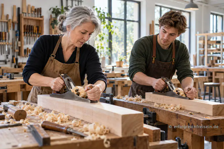 Ein junger Tischler übt neben einer erfahrenen Handwerkerin einen präzisen Hobelzug und beobachtet ihre Arbeitsweise.