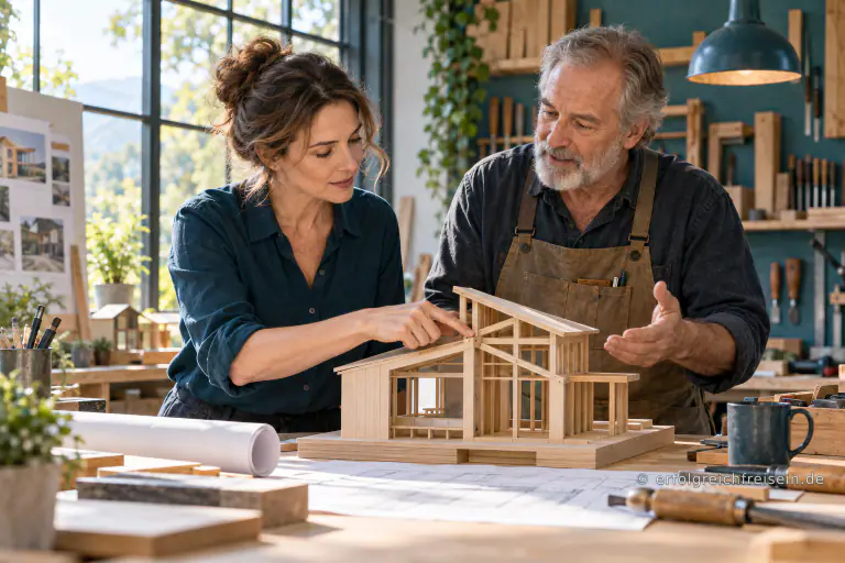 Eine Frau und ein älterer Handwerker besprechen eine genaue Verbindung an einem Holzmodell.