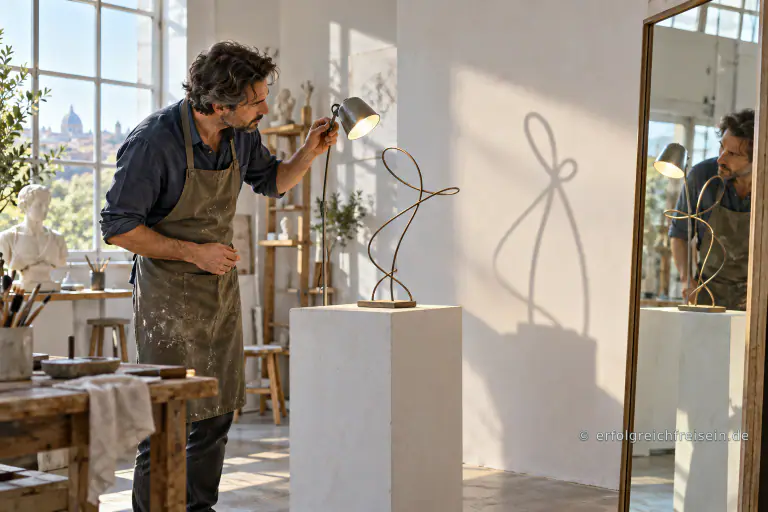 Ein Mann beleuchtet eine geschwungene Drahtskulptur und betrachtet ihren Schatten sowie ihr Spiegelbild im hellen Atelier.