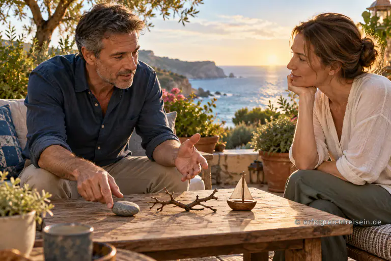Ein Mann erklärt einer aufmerksam zuhörenden Frau anhand eines Steins, eines verzweigten Asts und eines kleinen Holzboots ein persönliches Bild.