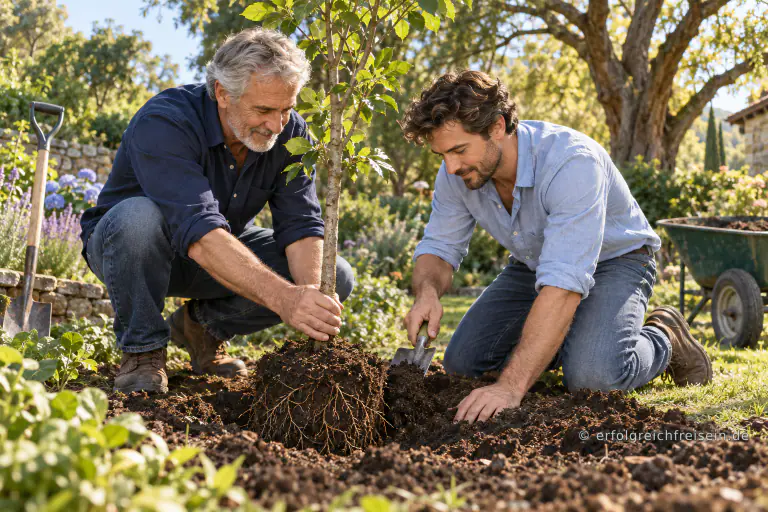 Ein Vater und sein erwachsener Sohn pflanzen gemeinsam einen jungen Baum in einem sonnigen Garten.