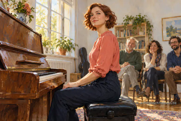 Eine Frau sitzt aufrecht am Klavier vor drei aufmerksamen Zuhörenden im hellen Musikzimmer.