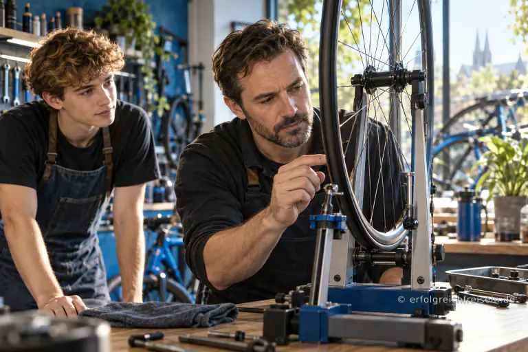 Ein Fahrradmechaniker prüft ein Laufrad im Zentrierständer, während ein jüngerer Kollege die genaue Beobachtung verfolgt.