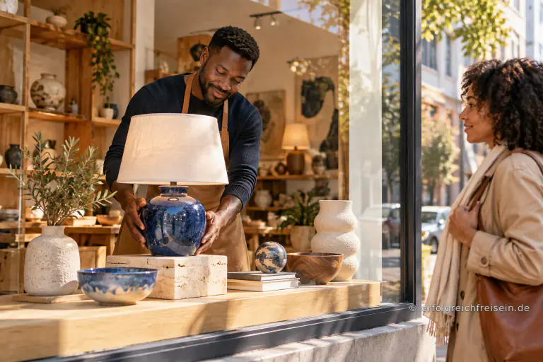 Ein Gestalter stellt in einem hellen Laden eine markante blaue Keramiklampe ins Schaufenster, während draußen eine Passantin aufmerksam hinsieht.