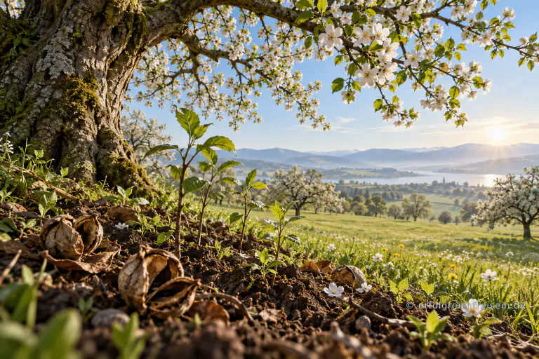 Junge Triebe wachsen unter einem alten blühenden Obstbaum, während sich dahinter eine sonnige Wiesenlandschaft öffnet.