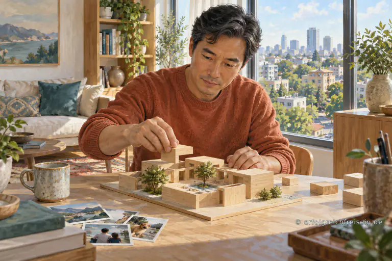 Ein Mann setzt ein Holzmodell mit offenem Innenhof in einer hellen Stadtwohnung zusammen.