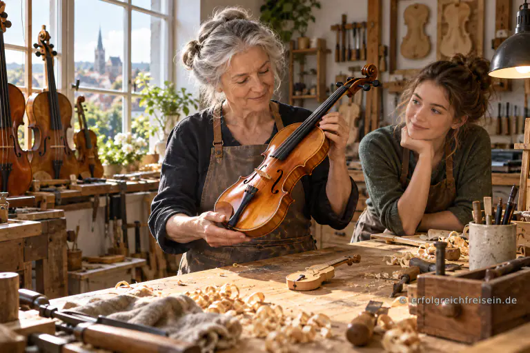 Eine ältere Geigenbauerin hält in ihrer hellen Werkstatt eine Violine; auf der Werkbank liegt eine kleine Spielzeuggeige, und ein Lehrling schaut zu.