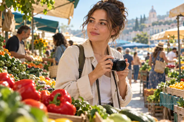 Eine Frau hält auf einem sonnigen Gemüsemarkt eine Kamera und blickt aufmerksam über die Stände.