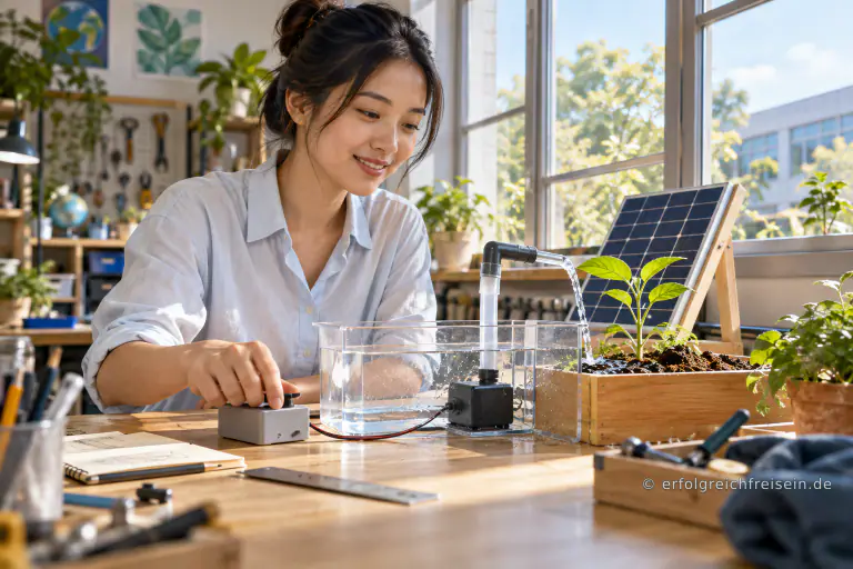 Eine junge Frau testet an einem Werkstatttisch eine kleine solargestützte Wasserpumpe, die eine Pflanze bewässert.