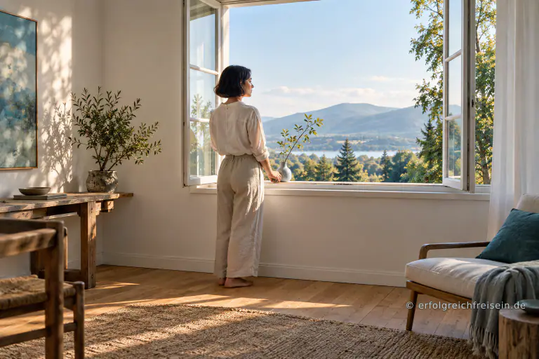 Eine Frau steht ruhig an einem offenen Fenster neben einer kleinen Vase mit einem Zweig und blickt über Bäume zu den Hügeln.