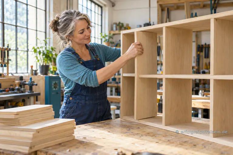 Eine Frau setzt eine Trennwand in ein Holzregal ein, dessen weitere Fächer bereits aufgebaut sind.