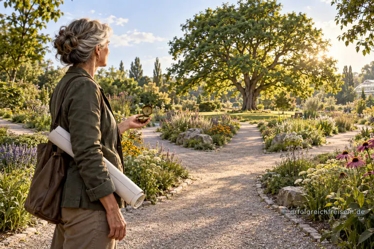 Eine ältere Frau hält im botanischen Garten einen Kompass und richtet ihren Blick an einer Weggabelung auf einen großen grünen Baum.