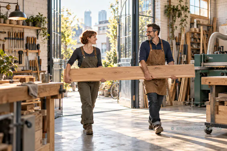 Eine Frau und ein Mann tragen gemeinsam ein langes Holzbrett durch eine helle Werkstatt.