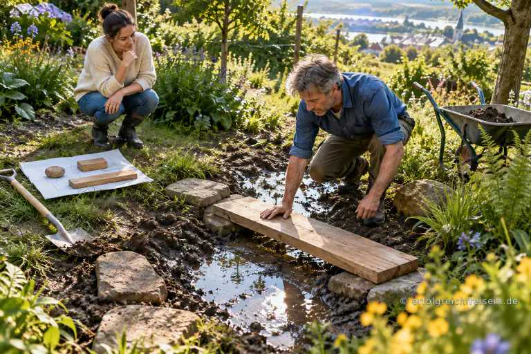 Ein Mann prüft die Stabilität eines Holzbretts über einer schlammigen Stelle im Garten, während eine Frau und eine einfache Skizze den Arbeitsschritt begleiten.