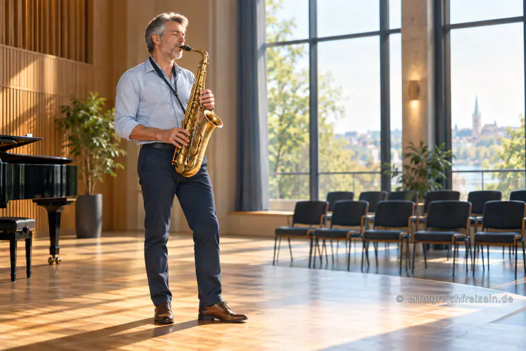 Ein Mann spielt Saxofon auf einer sonnigen Probebühne vor leeren Stuhlreihen.