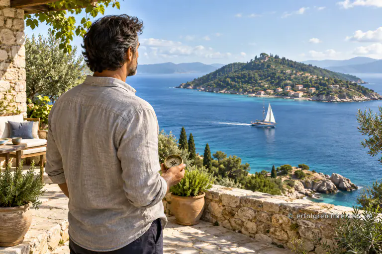 Ein Mann hält auf einer mediterranen Terrasse einen Kompass und blickt über ein Segelboot zu einer grünen Insel.
