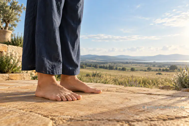 Bloße Füße stehen fest auf einer hellen Sandsteinterrasse vor einer weiten sonnigen Landschaft.