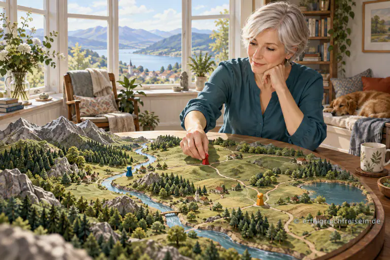 Eine silberhaarige Frau setzt eine rote Figur auf eine dreidimensionale Landschaft mit Wegen, Fluss und kleinen Häusern.