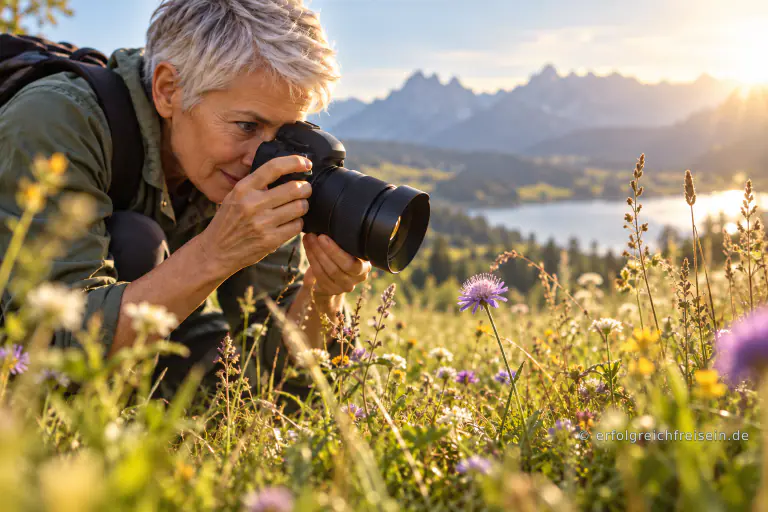 Eine ältere Fotografin stellt am Rand einer sonnigen Wiese ihre Kamera auf eine kleine violette Blüte zwischen Gräsern scharf.