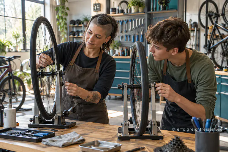 Eine Fahrradmechanikerin zeigt einem jungen Kollegen das Zentrieren eines Laufrads; beide arbeiten an eigenen Rädern.