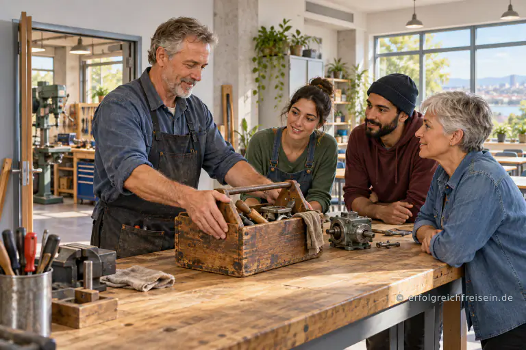 Ein erfahrener Handwerker stellt seinen alten Werkzeugkasten vor drei aufmerksamen Erwachsenen auf einen hellen Werkstatttisch.
