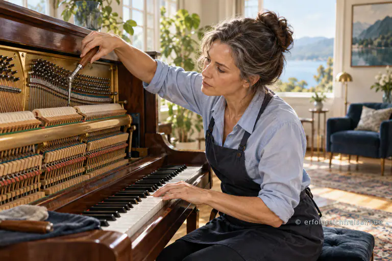 Eine Frau stimmt in einem hellen Musikzimmer ein geöffnetes Klavier und berührt dabei eine Taste.