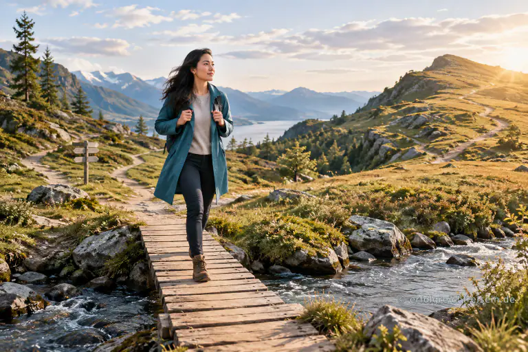 Eine Frau überquert eine schmale Holzbrücke über einen klaren Bach in einer sonnigen Berglandschaft.