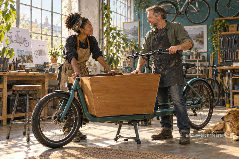Eine Frau und ein Mann besprechen in einer sonnigen Fahrradwerkstatt ein Lastenrad mit hölzerner Ladebox.
